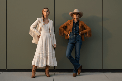 Two women in stylish outfits standing against a plain background