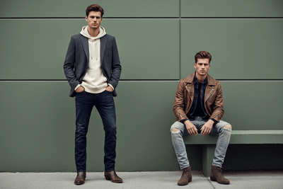 Two men standing against a green wall, one sitting on a ledge.