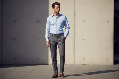 Man wearing a light blue shirt and gray pants standing against a plain wall.