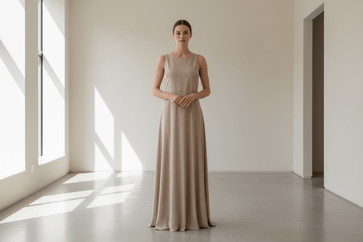 Woman in a long, light-colored dress standing in a bright room with large windows.