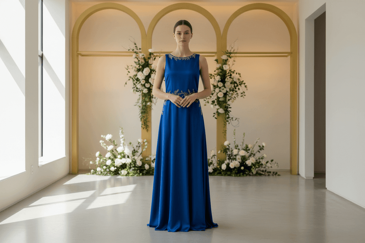 Woman in a blue dress standing in a well-lit room with floral decorations.