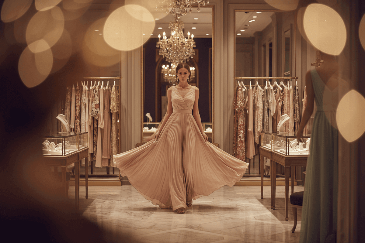 Woman in a long beige dress standing in a high-end clothing store with blurred lights in the foreground